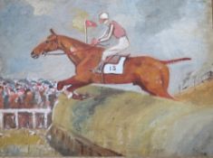 CIRCLE OF PAUL MAZE (1887-1979. Horse racing scene with horse and rider jumping a fence, steam train