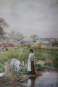 S. GARRATT (XIX-XX). Rural farmstead scene with cattle, sheep and woman with calf by a pond,
