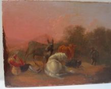 (XVIII). Dutch school, mountainous wooded landscape with horses and figures, indistinct label verso,