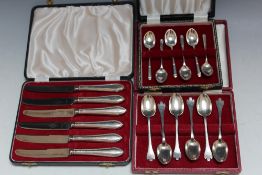 THREE CASED SETS OF HALLMARKED SILVER FLATWARE CONSISTING OF SIX TREFOIL SPOONS - SHEFFIELD 1966,