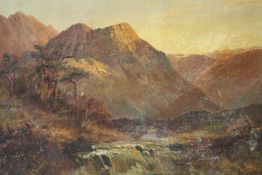 H. McGREGOR (XIX-XX). British school, mountainous wooded river landscape at sunset, signed lower