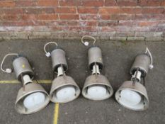 A SET OF FOUR VINTAGE INDUSTRIAL HANGING CEILING LIGHTS, model HB. G. 250, made by BLI, overall H 72