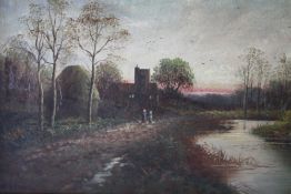 H. WILLIAMS (XIX-XX). Wooded river landscape at twilight with figures, church and haystack, signed