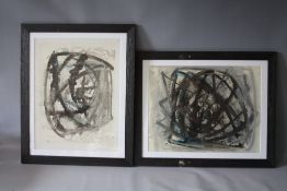 (XX). Abstract compositions, both indistinctly signed bottom left, mixed media on paper, framed