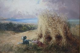 THOMAS DINGLE (b.1800). Stormy coastal landscape with dog resting by corn stooks, signed lower