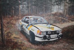 ALAN PREECE. Study of Jimmy McRea driving an Opal Ascona in the Scottish rally 1981, signed and