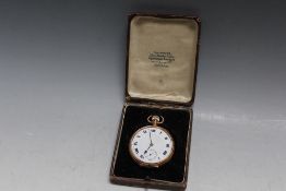 A HALLMARKED 9 CARAT GOLD OPEN FACED MANUAL WIND POCKET WATCH, inscribed on the inner case '