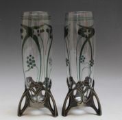 A PAIR OF WMF ART NOUVEAU STYLE SPECIMEN VASES, having separate WMF stamped stands and fitted