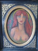 (XX). Early 20th century oval half length portrait study of a young woman with bared breasts,