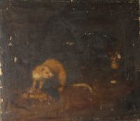 H. CARSE (XIX). Study of a ferret and a cat at a stand off over a dead rat, signed on label verso,