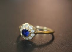 A VINTAGE HALLMARKED 9 CARAT GOLD DRESS RING, set with blue and white stones, approx weight 1.6g,