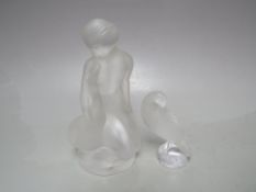 A LALIQUE FROSTED GLASS FIGURE OF A FEMALE NUDE WITH GOOSE, etched Lalique, France to base alongside