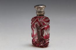 A OVERLAY GLASS SCENT BOTTLE, with flip top opening chased lid, A/F, H 7.5 cmCondition Report:lid