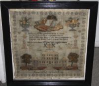 A LARGE GEORGE III PICTORIAL SAMPLER OF SHAWCROSS HALL NEAR WHALEY BRIDGE, worked by Mary Ann