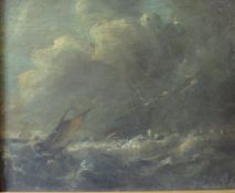 (XIX-XX). Dutch school, stormy coastal seascape with sailing vessels in a heavy swell,
