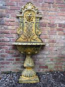 A VICTORIAN STYLE CAST METAL WALL FOUNTAIN WITH LION DETAIL, approx W 75.5 cm, overall H 166