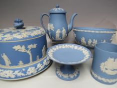 FIVE ITEMS OF WEDGWOOD BLUE AND WHITE JASPERWARE, comprising a coffee pot, circular bowl, small