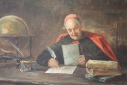 (XIX). Interior scene with Cardinal at his desk writing a letter, unsigned, oil on canvas, unframed,