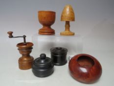 A COLLECTION OF TREEN ITEMS, various styles and periods, to include a pepper / spice grinder etc. (