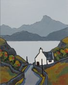DAVID BARNES (XX-XXI). Welsh school, mountainous scene with roadside cottage 'Towards the Lake',