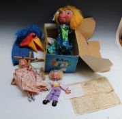 A PELHAM VENTRILOQUIAL PUPPET, with original box, together with an 'Emu' hand puppet and two smaller
