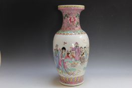 A LARGE ORIENTAL CHINESE STYLE BALUSTER VASE, with text to the reverse and character mark to base, H