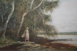 FREDERICK HINES (XIX-XX). English school, wooded river landscape with girl on stepping stones, hills