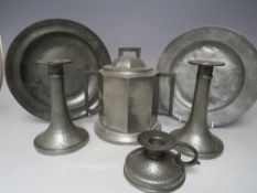 A COLLECTION OF PEWTER WARE, to include an Arts and Crafts lidded cracker barrel etc., and two