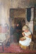 (XIX) ENGLISH SCHOOL. Cottage interior scene with young girl peeling vegetables, and a black cat,