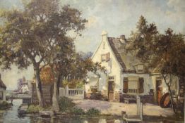 J. STAPPERS (XX). Continental school, wooded river scene with cottages, signed lower right, oil on