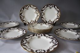 A SET OF ROYAL CROWN DERBY MAJESTY PATTERN A.1292 DINNER PLATES, all marked as seconds, Dia. 27 cm