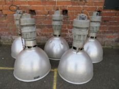 A SET OF FIVE VINTAGE INDUSTRIAL 'SIMPLEX RN1' HANGING CEILING LIGHTS, approx. overall H 77 cm, shad