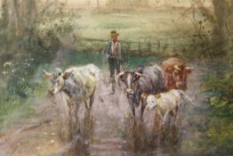 HENRY CHARLES FOX (1860-1925). Rural wooded landscape with drover and cattle in a lane before a