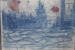 AFTER LAURENCE STEPHEN LOWRY (1887-1976). Harbour scene with boats at Sunderland, bears signature