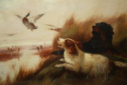 ROBERT CLEMINSON (1864-1903). Marshland river scene with spaniels putting up ducks, signed lower