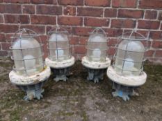 A SET OF FOUR VINTAGE INDUSTRIAL BULKHEAD PENDANT LIGHTS, H 37 cm, Dia. 19 cm