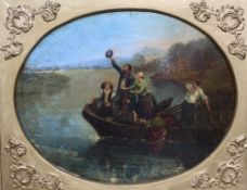 CONTINENTAL SCHOOL (XIX). A pair of oval boating scenes with figures, domed oil on board, gilt