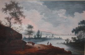 ENGLISH SCHOOL (XX). Extensive country landscape with figures and cattle, watercolour, gilt framed