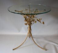 A VINTAGE METAL AND WIREWORK ORNATE TABLE BASE, with later glass top, H 53 cm, glass Dia 50 cm