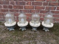 A SET OF FOUR VINTAGE INDUSTRIAL BULKHEAD PENDANT LIGHTS, H 37 cm, Dia. 19 cm