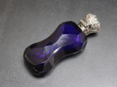 A BRISTOL BLUE GLASS STYLE SCENT BOTTLE, with tapering 'waist', H 8.5 cm