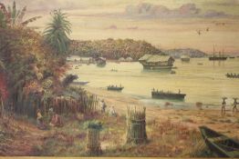 J. HUGHES (XIX-XX). Singapore coastal scene with village, boats and figures 'Singapore early