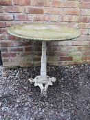 A VICTORIAN CAST METAL GARDEN TABLE WITH COMPOSITE TOP, approx H 76 cm, Dia. 75.5 cm