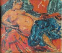 M.S. (XX). Impressionist study of a reclining female nude, signed with initials lower left, oil on