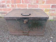 A 19TH CENTURY CAST IRON STRONG BOX, W 52 cm, D 37 cm, H 30 cm (With key but not operational)