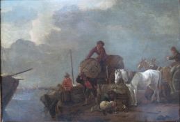 ATTRIBUTED TO PHILLIPPE WOUWERMANS (1619-1668). Coastal scene with horses, carts and figures loading