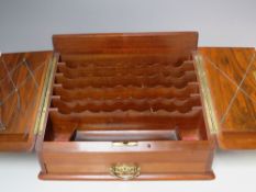 A WALNUT AND MAHOGANY STATIONARY BOX WITH FITTED INTERIOR, W 39 cm, D 21.5 cm, H 30 cm