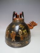 AN ANTIQUE CHINESE GREEN LACQUERED DRAGON HEAD TEAPOT, with typical gilt and chinoiserie