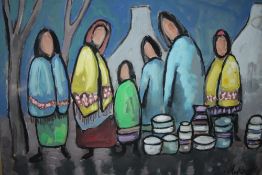 SCHOOL OF MARKEY ROBINSON (1917-1999). Irish school, impressionist study of figures before cottages,