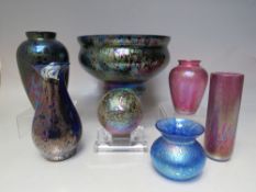 A COLLECTION OF 20TH CENTURY IRIDESCENT LUSTRE GLASSWARE, comprising a peacock lustre footed bowl, a